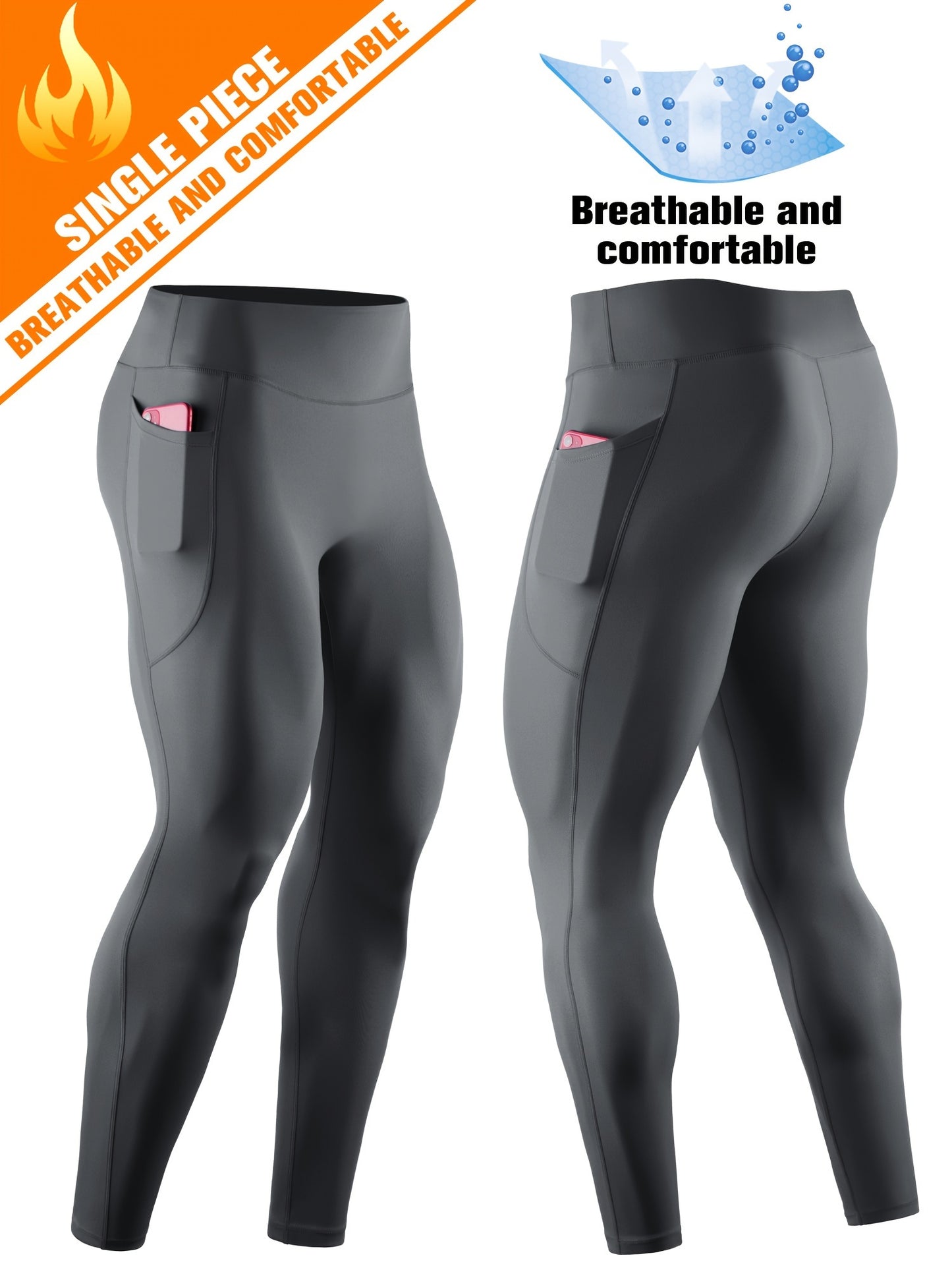 Men'S High Waist Compression Sports Leggings, Quick Dry, High Elastic, Polyester 90% Spandex 10%, Solid Color, Pocket Detail, Knit Fabric, Skinny Fit, Four Seasons, for Running, Yoga, Training, Basketball, Outdoor Activities