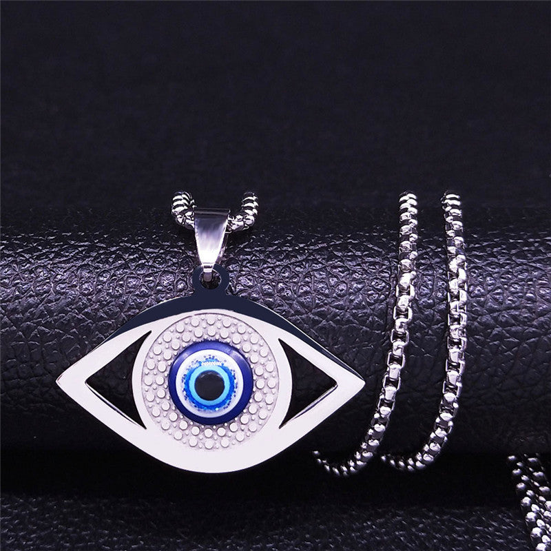 Hamsa Evil Blue Eye Necklace Stainless Steel Turkish Eye Necklace Greek Jewelry Ojo Turco Acero Inoxidable