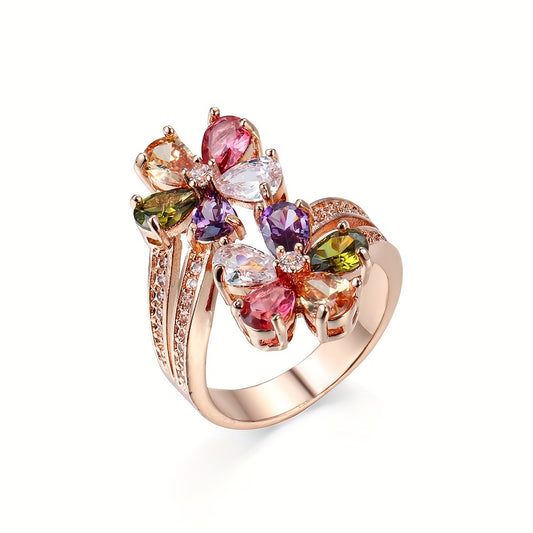 Creative Flower-Shaped Decor Ring With Colorful Zirconia, Men's Wedding Proposal Finger Ring, Exquisite Men's Accessory Jewelry Ornament For Daily Wear For Banquet Party Holiday Birthday Anniversary Gift