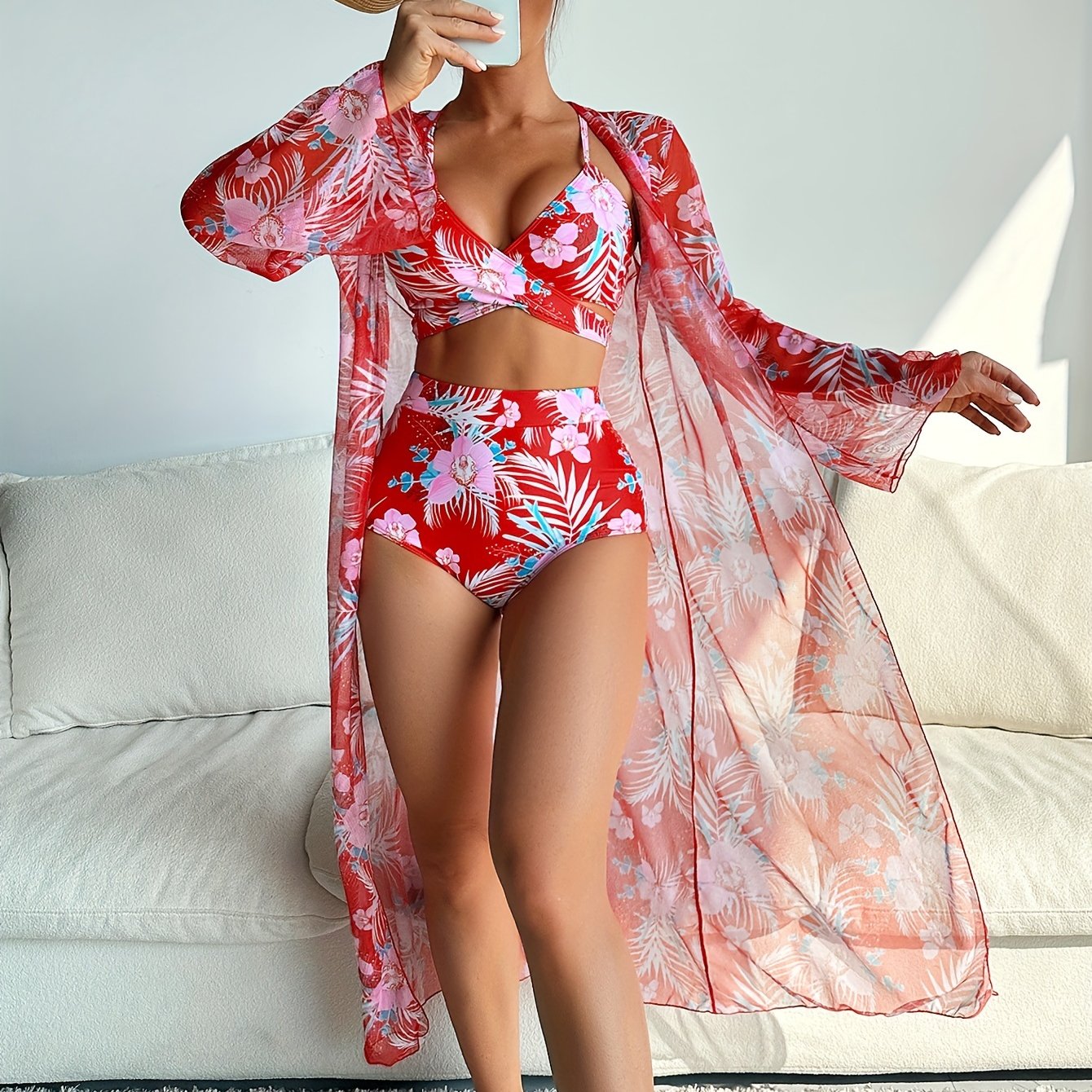 3 Piece Set Stretchy Floral Print Long Sleeve V Neck Tie Back Swimsuits - High Stretch Polyester Bikini Set with Kimono Cover Up - Perfect for Swimming and Beach Activities