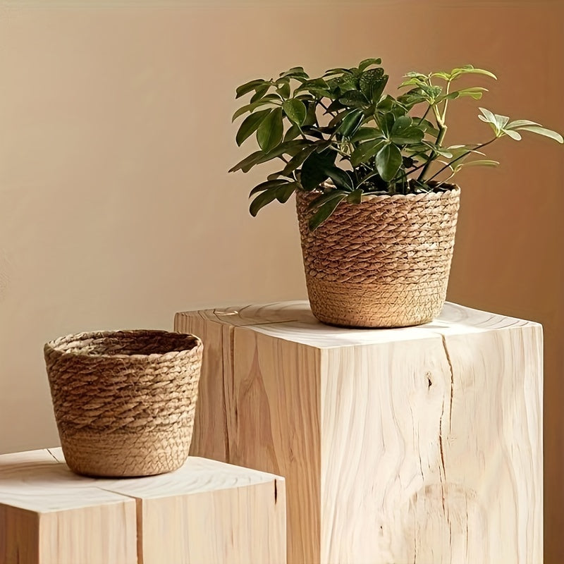 1pc, Handmade Braided Straw Natural Sea Grass Braided Flower Pot Rattan Braided Plant Green Plant Cover Pot Home Decoration Flowerware Contains Waterproof Layer Flower Basket