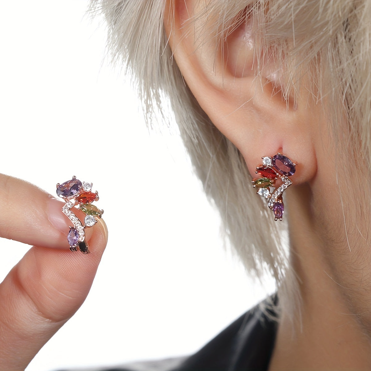 Radiant Multicolor Birthstone Dangle Earrings - Vibrant Marquise Gems in Flower & Leaf Design - Delicate Ear Cuffs for Nature Lovers - Hypoallergenic, Perfect Gift Idea