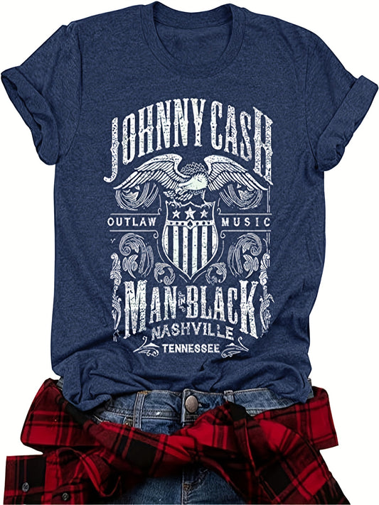 Vintage Country Music Festival Print T-Shirt, Retro Style Short Sleeve Crew Neck Casual Top For All Season, Women's Clothing