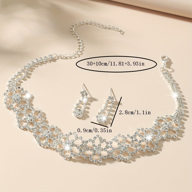 Luxurious Rhinestone & Faux Crystal Flower Jewelry Set - Elegant Claw Chain Necklace and Matching Stud Earrings, Copper Crafted for Daily Wear, Vintage Jewelry
