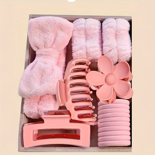 16pcs of bow-shaped coral fleece face masks, hair bands, wristbands and Women's plush hair bands, flower hair clips accessories