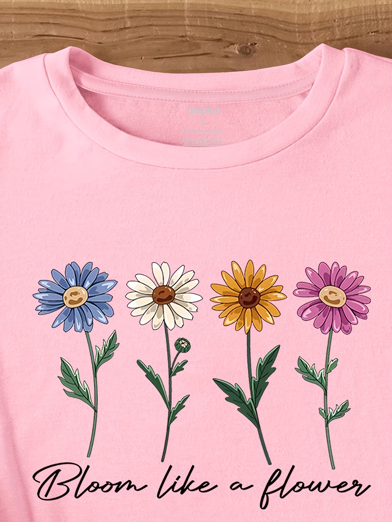 Cute Flower & Letter Print Casual T-shirt, Crew Neck Short Sleeve Top For Spring & Summer, Women's Clothing