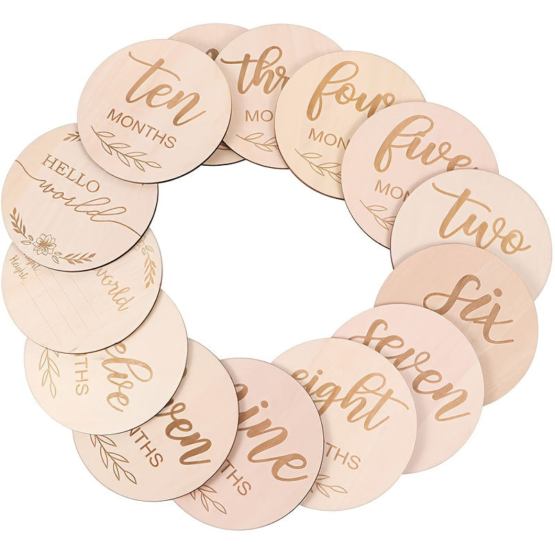 14pcs Wooden Baby Monthly Milestone Cards - Document Your Little One's Growth With Light Wood Photo Discs, Halloween, Thanksgiving And Christmas Gift
