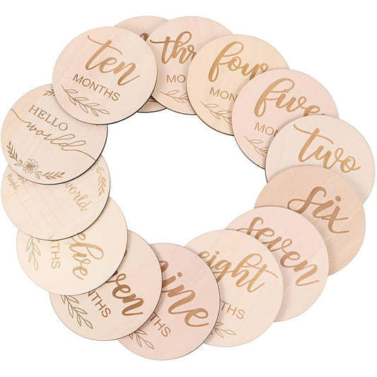 14pcs Wooden Baby Monthly Milestone Cards - Document Your Little One's Growth With Light Wood Photo Discs, Halloween, Thanksgiving And Christmas Gift