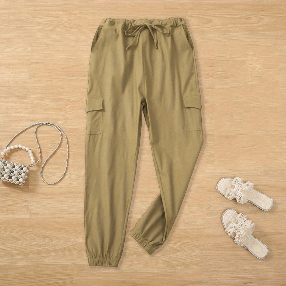 Y2K Chic Drawstring Cargo Pants - Stretchy Elastic Waist, Long Length, Multiple Pockets, Casual Comfortable Women's Clothing for Everyday Wear
