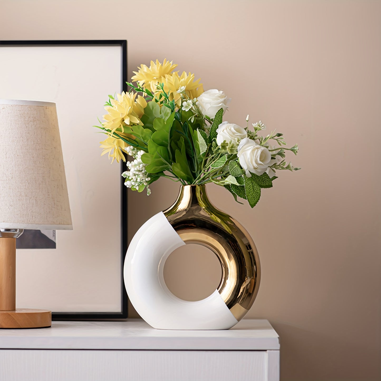 Chic Modern Ceramic Vase in Black, Golden & White - Geometric Design for Home Decor | Ideal for Dried Flowers, Fresh Blooms & Greenery | Perfect for Office, Living Room, Entryway, or Study Desk
