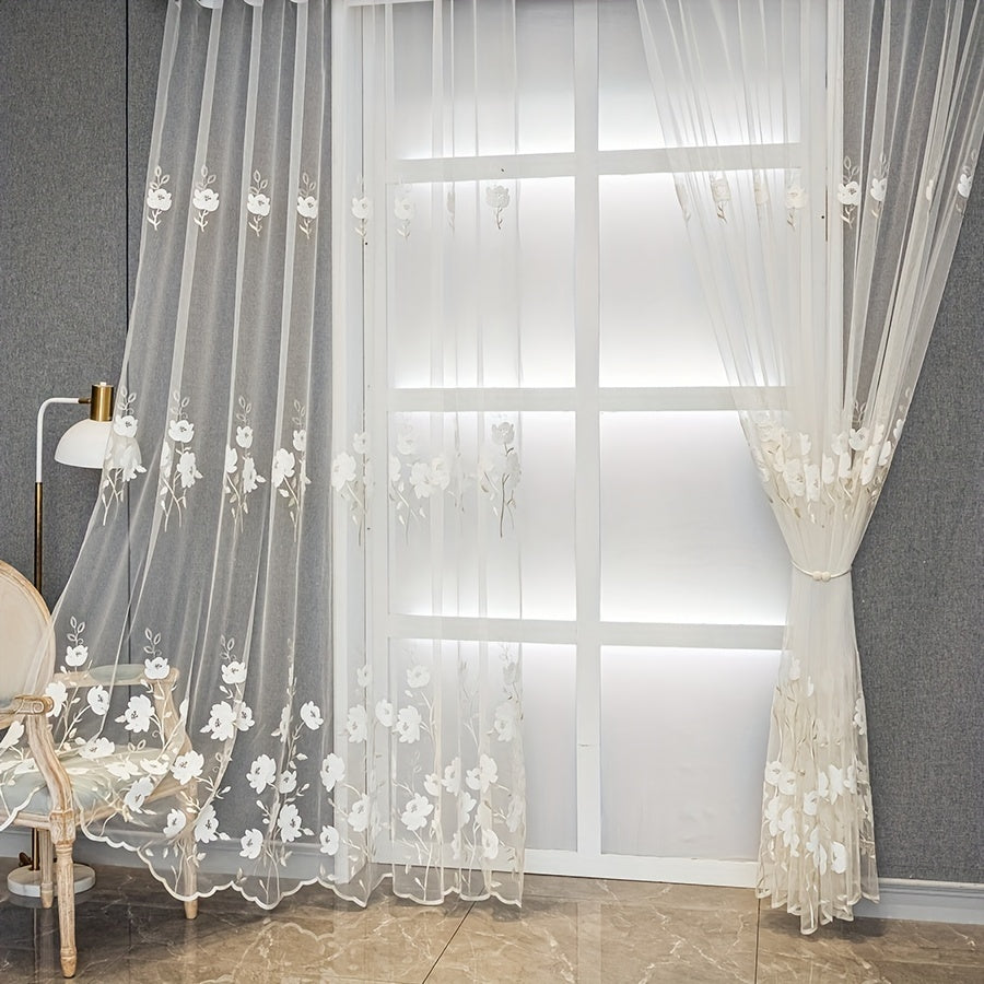 2pcs of Countryside Embroidered Flower Pattern, Uv-Resistant Transparent Curtains, Suitable for Home Decoration in Living Rooms, Bedrooms, Dining Rooms, Offices, Balconies, Etc.