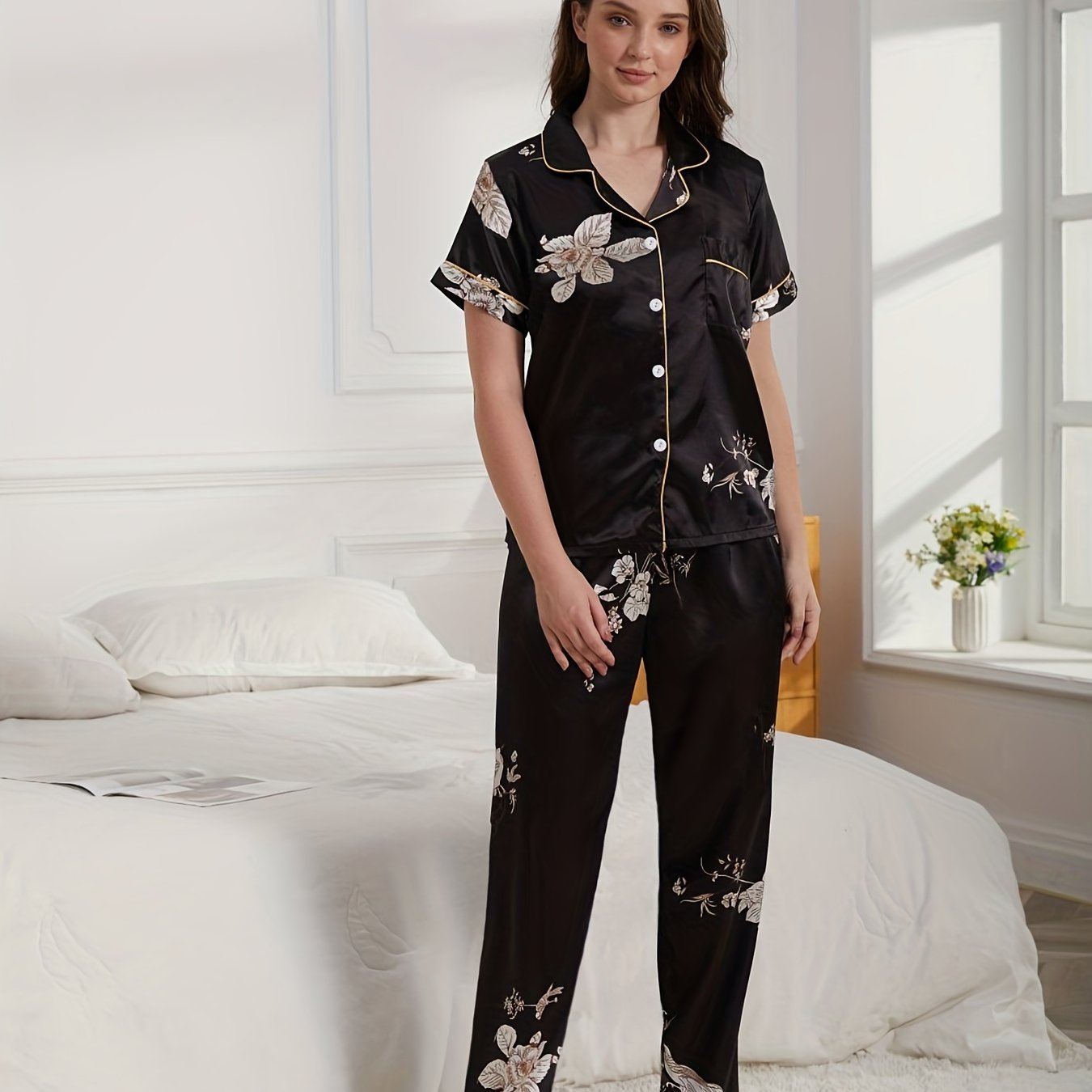 Floral Print Satin Pajama Set, Short Sleeve Button Up Top & Elastic Waistband Pants, Women's Sleepwear & Loungewear