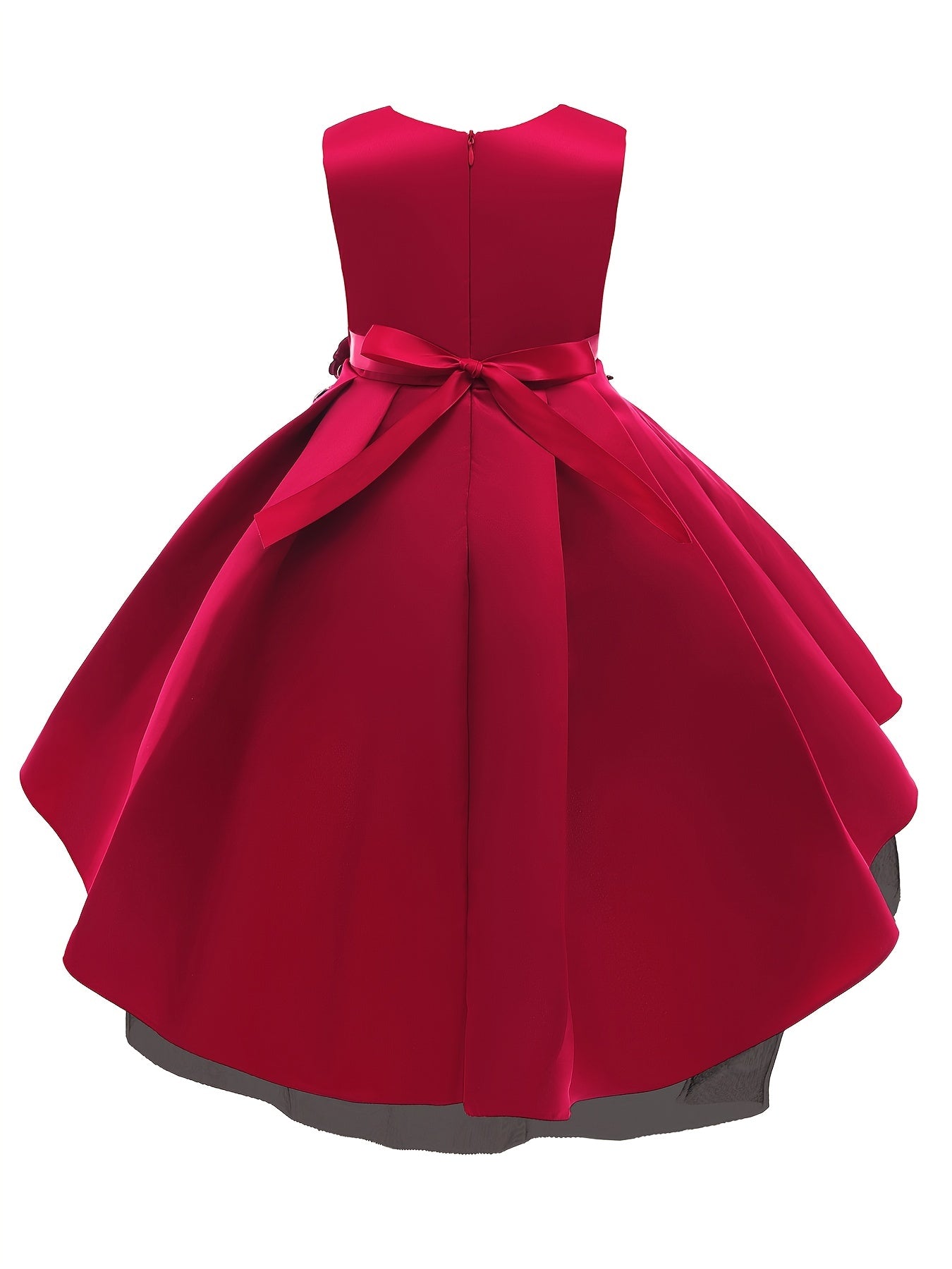 Elegant Red Embroidered Mesh Princess Dress for Girls 4-12 - Perfect for Piano Performances & Flower Girl Duties, Knee-Length with Umbrella Hem