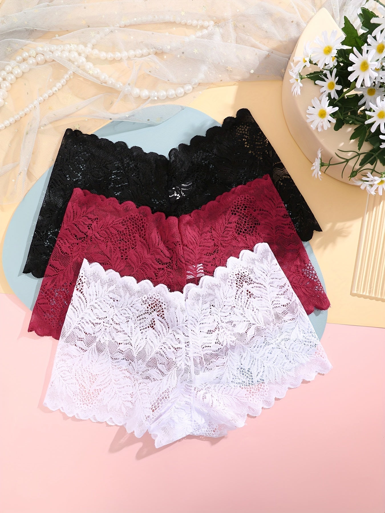 3pcs FINETOO Women's Sexy Low-Rise Lace Boyshort Panties - Breathable, Stretchy Nylon Blend with Floral Pattern, Scalloped Trim in Black, White, & Pinkish-Beige