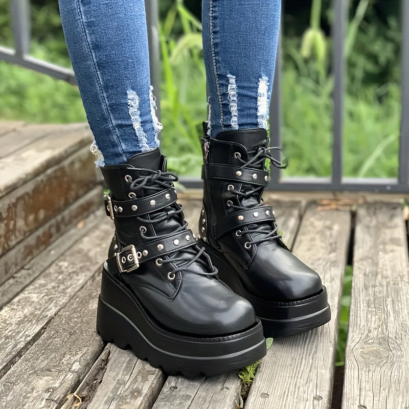 Women'S Chunky Platform Boots - Gothic Punk Boots with Lace-Up Closure, Thick Platform Heels for Height Increase, PU Sole - Edgy Gothic Punk Shoes for Concerts, Parties, Everyday - Synthetic Cover Gothic Footwear Gift for Wom