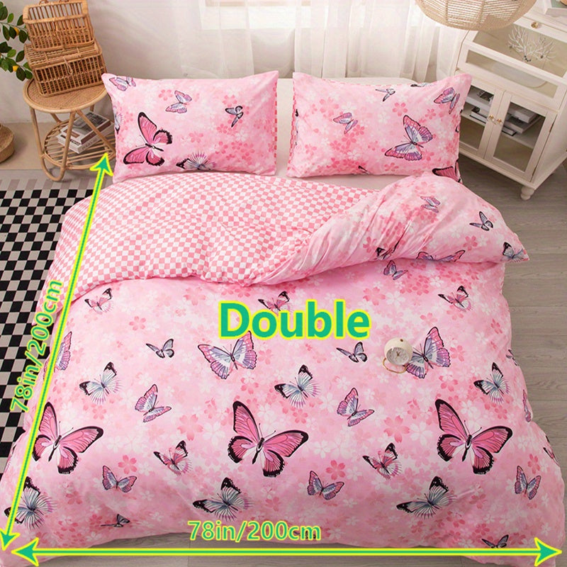 3pcs Fashion Fresh Duvet Cover Set, Butterfly Flower Print Bedding Set, Soft Comfortable Breathable Duvet Cover, For Bedroom Guest Room Decor (1*Duvet Cover + 2*Pillowcase, Without Core)