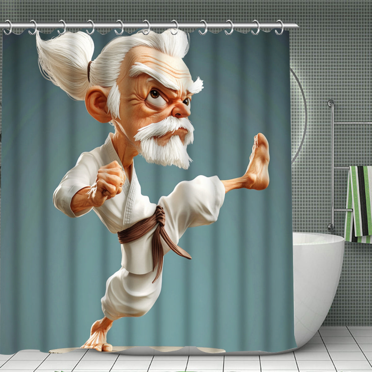 1/4pcs Kung Fu Cartoon Character Printed Shower Curtain Set, Bathroom Decoration Set Includes Waterproof Shower Curtain, Non-Slip Mat, Toilet Lid, Bathroom Mat, And 12 Plastic Hooks, Bathroom Accessories, Home Decor.