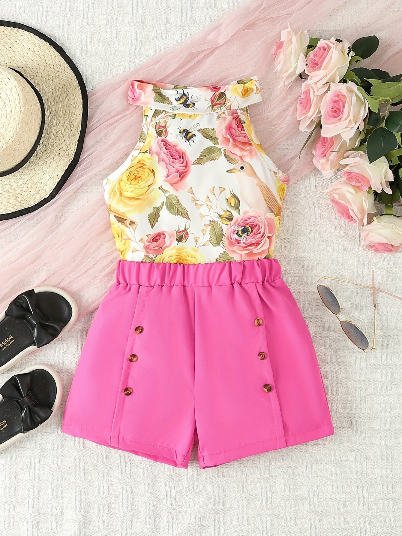 Sweet Girls 2pcs Flower Print Halter Neck Sleeveless Top + Shorts Set Summer Outdoor Clothes Gift
