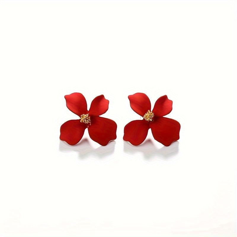 1 Pair of Exquisite Three Dimensional Four Petals Flower Stud Earrings - Fashion Bohemian Chic Design, Durable Zinc Alloy Construction, Luxurious 14K Gold Plating - Elegant Style for Special Occasions