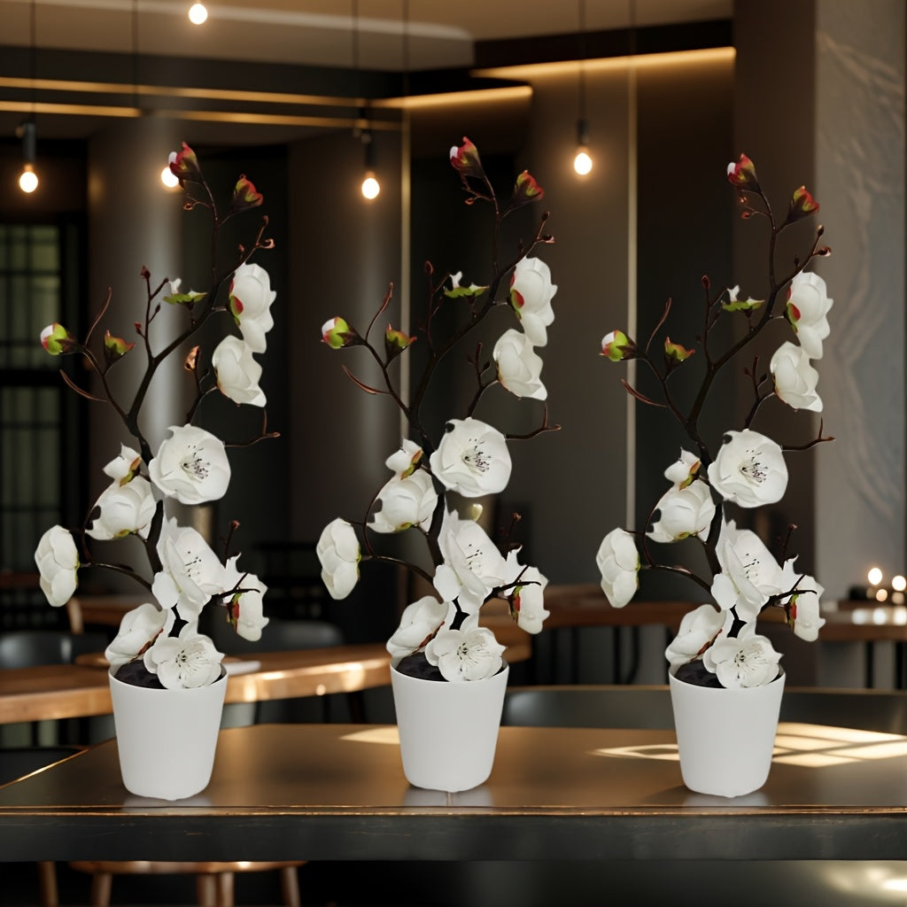 3pcs Elegant Artificial Plum Blossom Set with Vase - Faux Greenery, Simulated Potted Plant, Home Decor and Tabletop Filler, Perfect for Weddings, Festivals, Valentine's Day, Office, DIY Decorations, All-Season Artificial