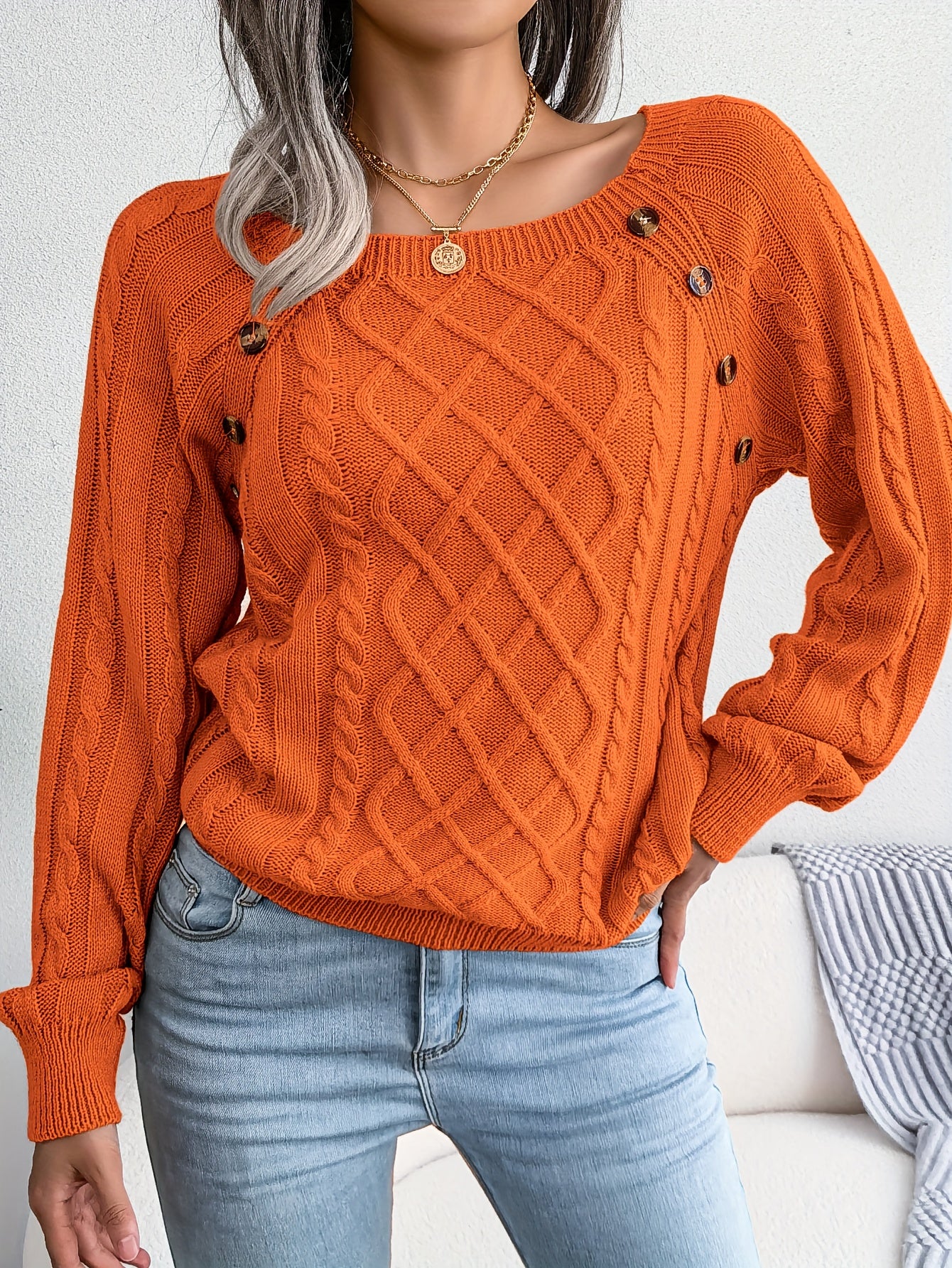 Autumn/Winter European and American Casual Solid Color Square Neck Button Twist Long Sleeve Pullover Sweater