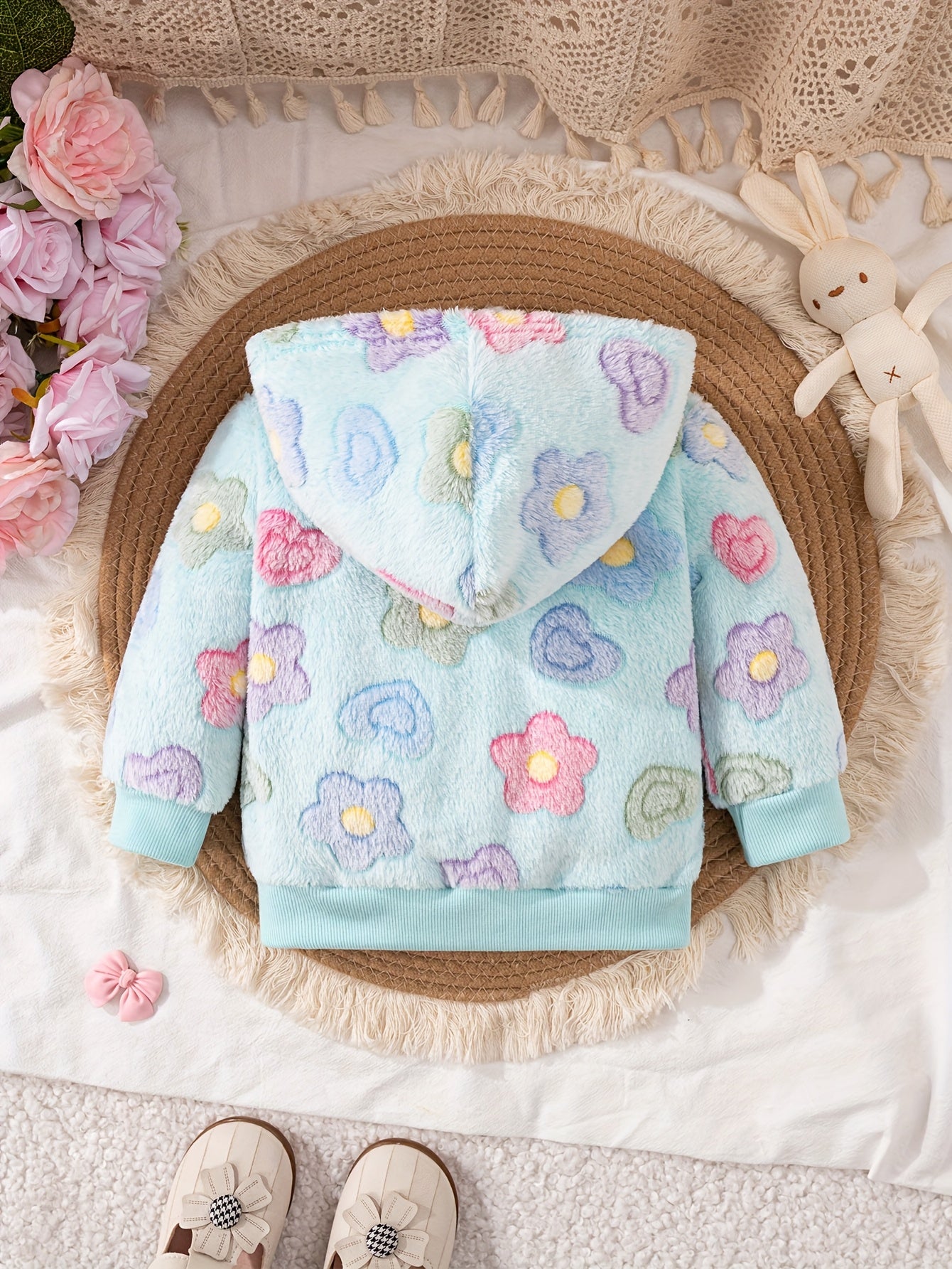 Baby Girls Floral Hooded Jacket - 100% Polyester Long Sleeve Coat with Zipper, Soft Plush Knit Fabric, Regular Fit for Outdoor Play in Fall/Winter, Skiing Compatible, Thick