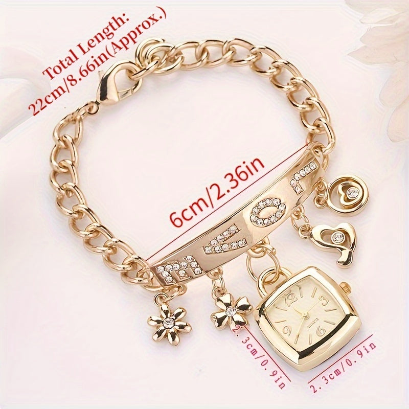 Exquisite LOVE Alphabet Bracelet Watch for Women - Quartz Movement with Flower Decor and Tonneau Dress Design - Perfect for Casual and Formal Occasions