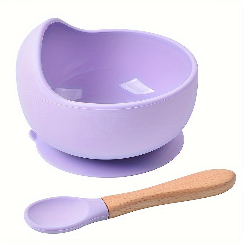 1set Baby Feeding Bowl And Spoon Set, Silicone Baby Bowl Suction Cup With Wooden Spoon Silicone Suction Base Non Slip Baby First Feeding Kit Gift For Toddler Children Girls Boys, Halloween, Thanksgiving, Christmas Gift