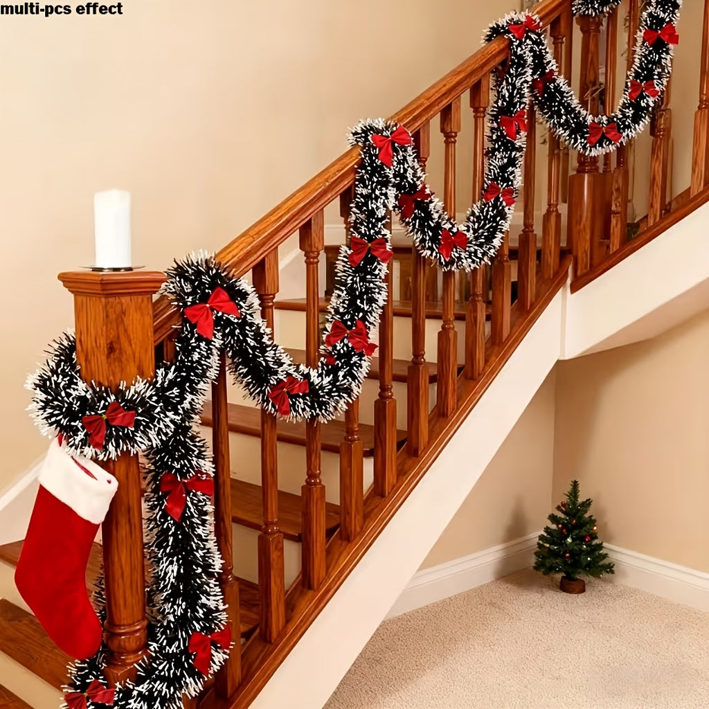 2-Piece Bow Christmas Rattan Garland, Total Length 10.0 meter, 1-Piece 196.85-Inch Dark Green and White Snowflake Christmas Flower Vine Decoration, No Lights Artificial Wreath for Indoor/Outdoor Use, High-Quality Soft Green H