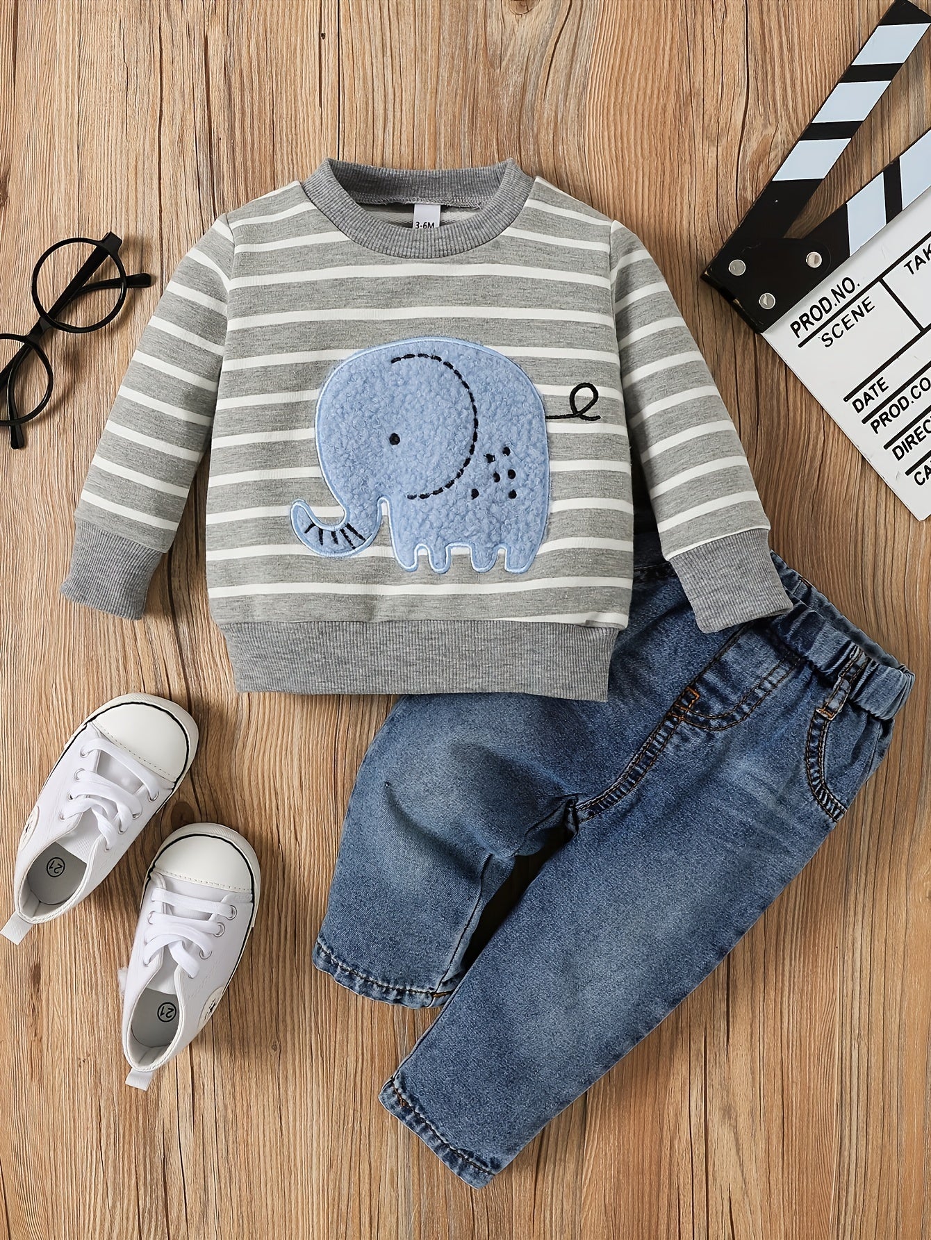 2pcs Infant Baby Boy Cute Striped Elephant Pattern Long Sleeve Top & Denim Trousers Outdoor Set For Spring And Autumn