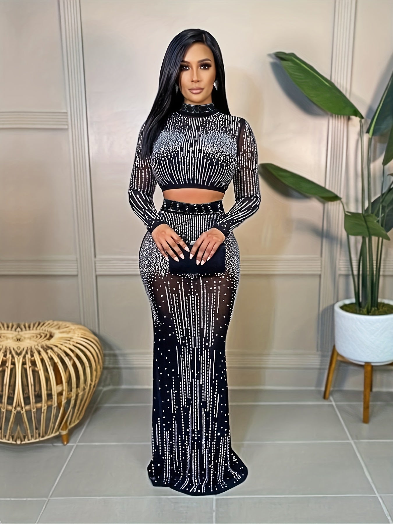 Party Dress Elegant Sexy Rhinestone Skirt Suit Women
