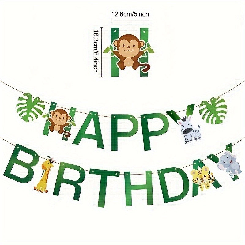 Paper Jungle Animal Happy Birthday Banner, Monkey Giraffe, Woodland, for Birthday Decoration, with Use Without Electricity, for Room, Garden, Entryway