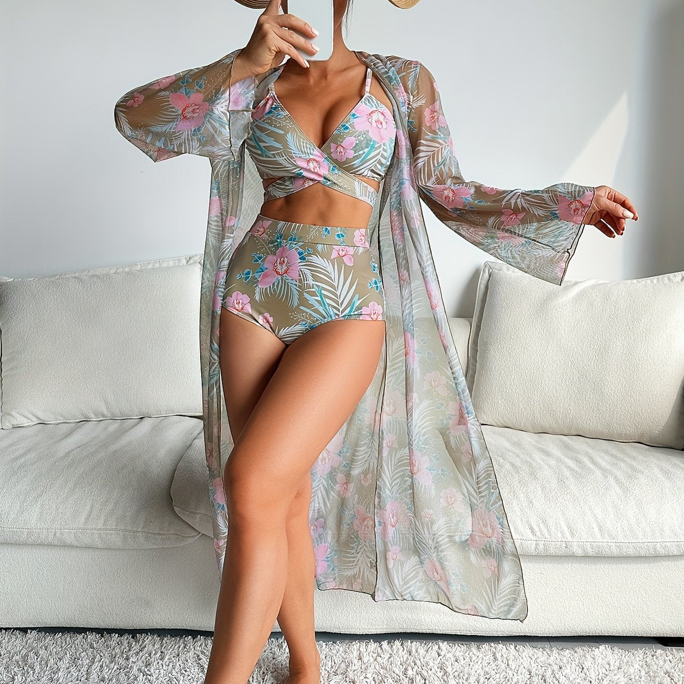 3 Piece Set Stretchy Floral Print Long Sleeve V Neck Tie Back Swimsuits - High Stretch Polyester Bikini Set with Kimono Cover Up - Perfect for Swimming and Beach Activities