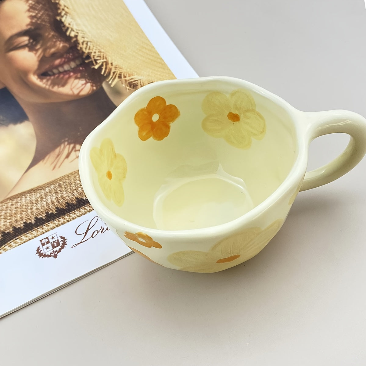 1pc Flowers Pattern Ceramic Mug Coffee Cup Irregular Flower Milk Tea Cup Korean Style Oatmeal Breakfast Mug Drinkware