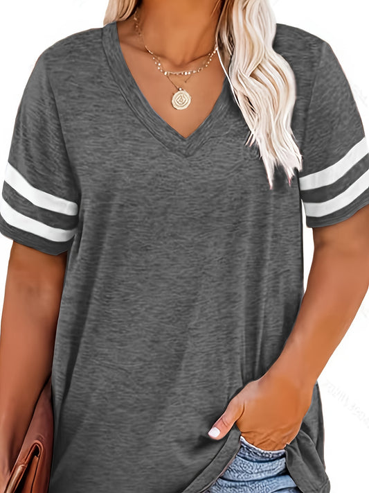 Plus Size Women's V-Neck Short Sleeve T-Shirt - Lightweight Stretchy Summer Tee with Random Print, Loose Casual Fit, Machine Washable, Sizes XL-5XL for Everyday & Office Wear, Versatile Clothing, Striped Print Shirt, Soft Fab