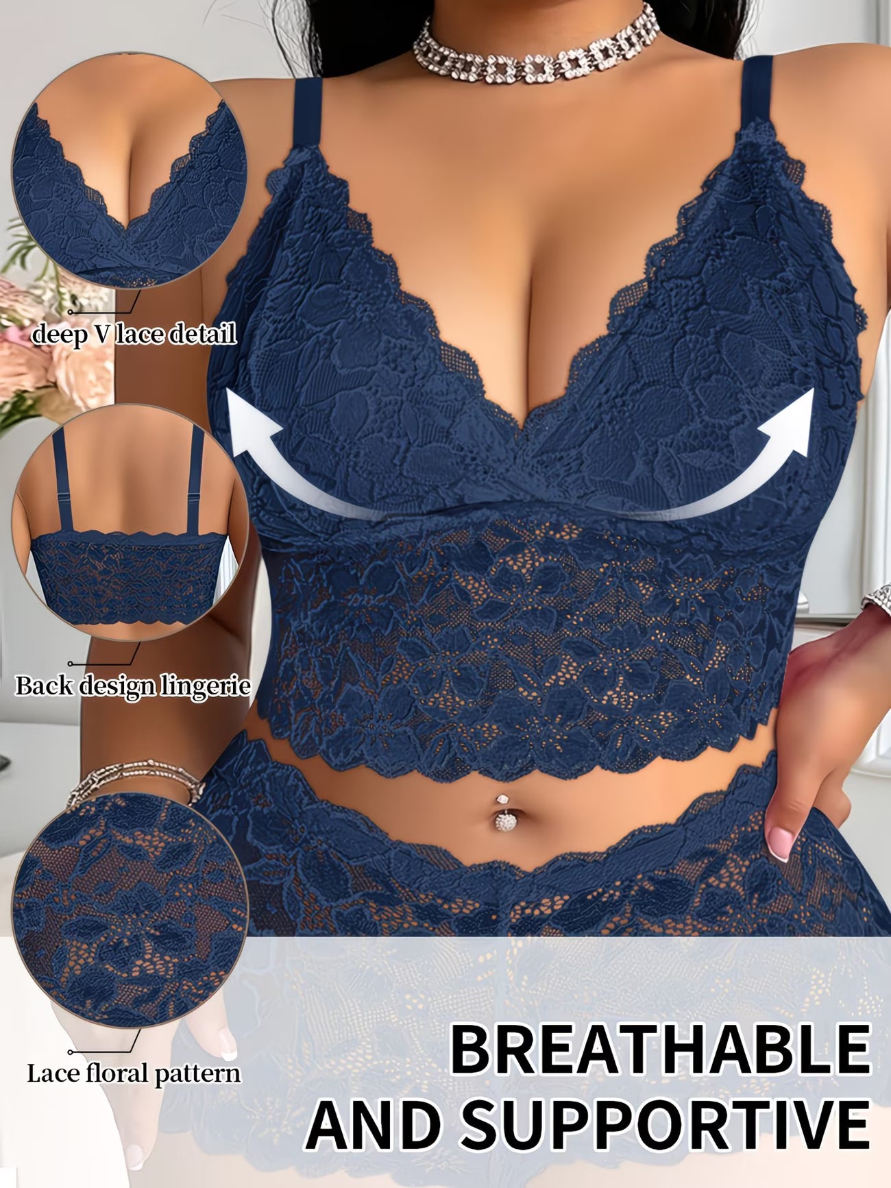 Ladies' Plus-size Wire-free Bra with Straps, Comfortable, Breathable, Seamless, Elegant, Romantic, Fashionable Lace Design