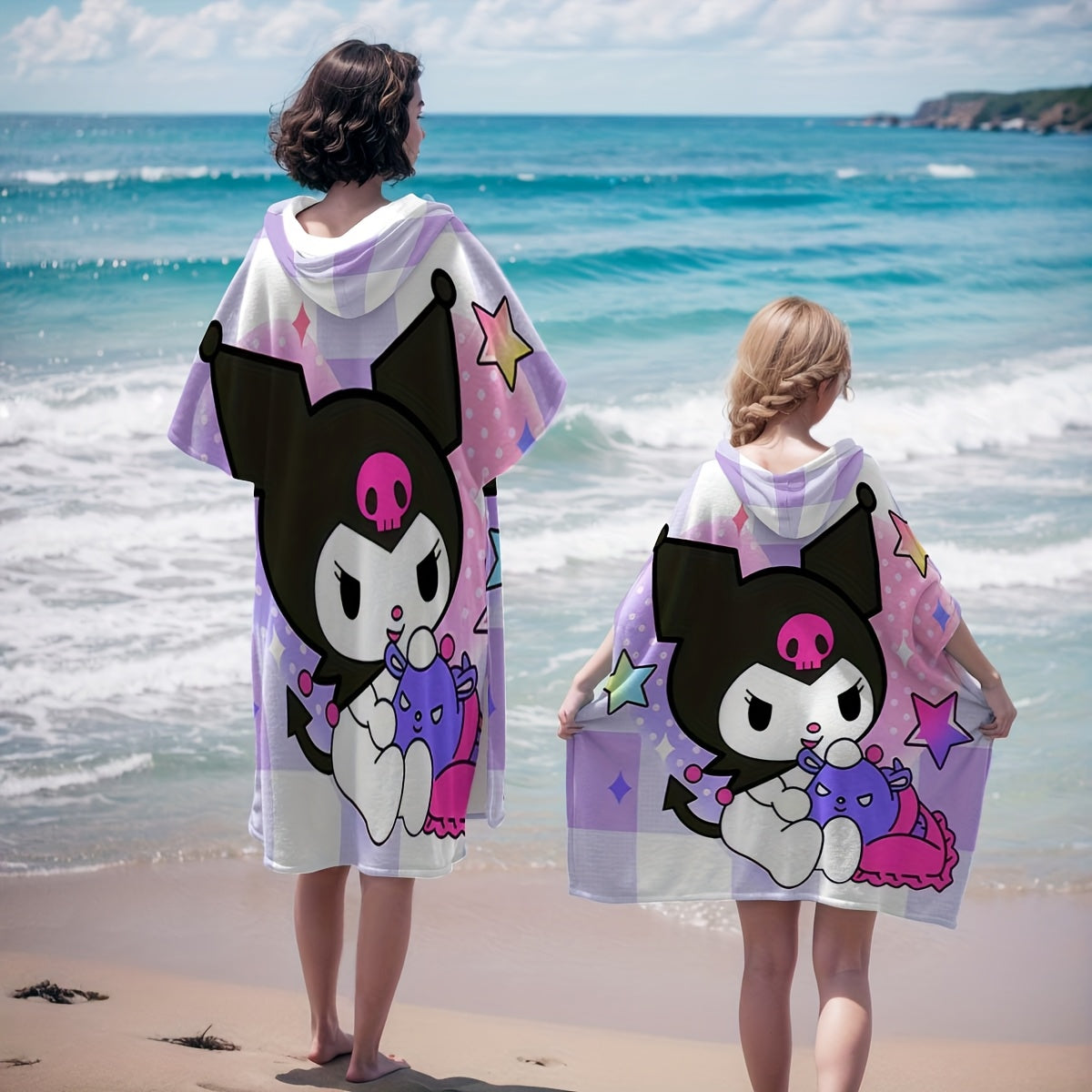 1pc Sanrio Kuromi Adult & Wearable Beach Towel with Kuromi Face Hood - Quick-Dry Microfiber Bath Robe, Cute Kuromi Print for Pool, Bath, Travel - Officially Inspired Sanrio Character Outfit