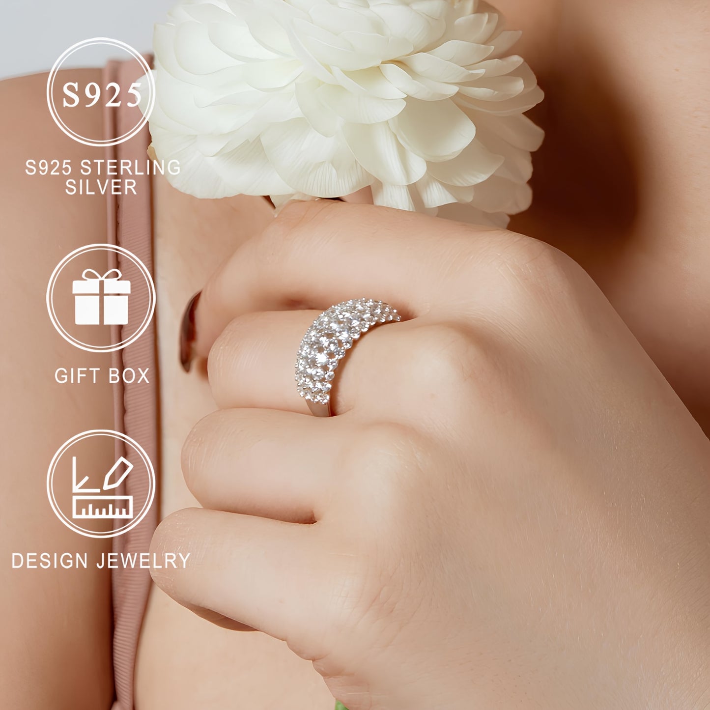S925 Sterling Silvery Wide Version Ladies Ring Curved Diamond-studded Synthetic Zirconia Ring Ladies Stylish Design High Quality Ring Bead Jewelry Lovers Day Mothers Day Ramadan Eid al-Fitr Holiday Gift gift box