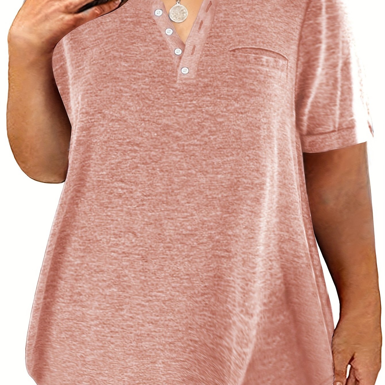 Plus Size Button Front Short Sleeve T-shirt, Women's Plus Slight Stretch Casual Tee