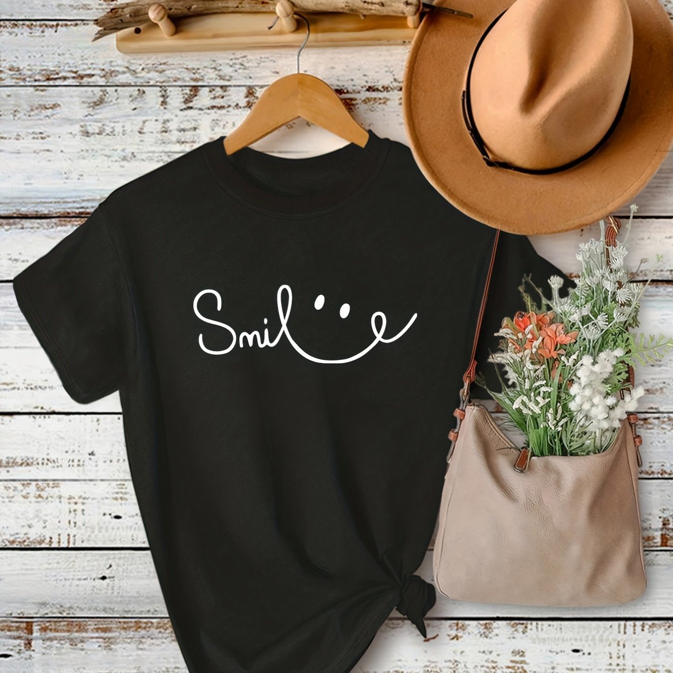 Plus Size Face Print Short Sleeve T-shirt, Women's Plus Slight Stretch Round Neck Casual Tee