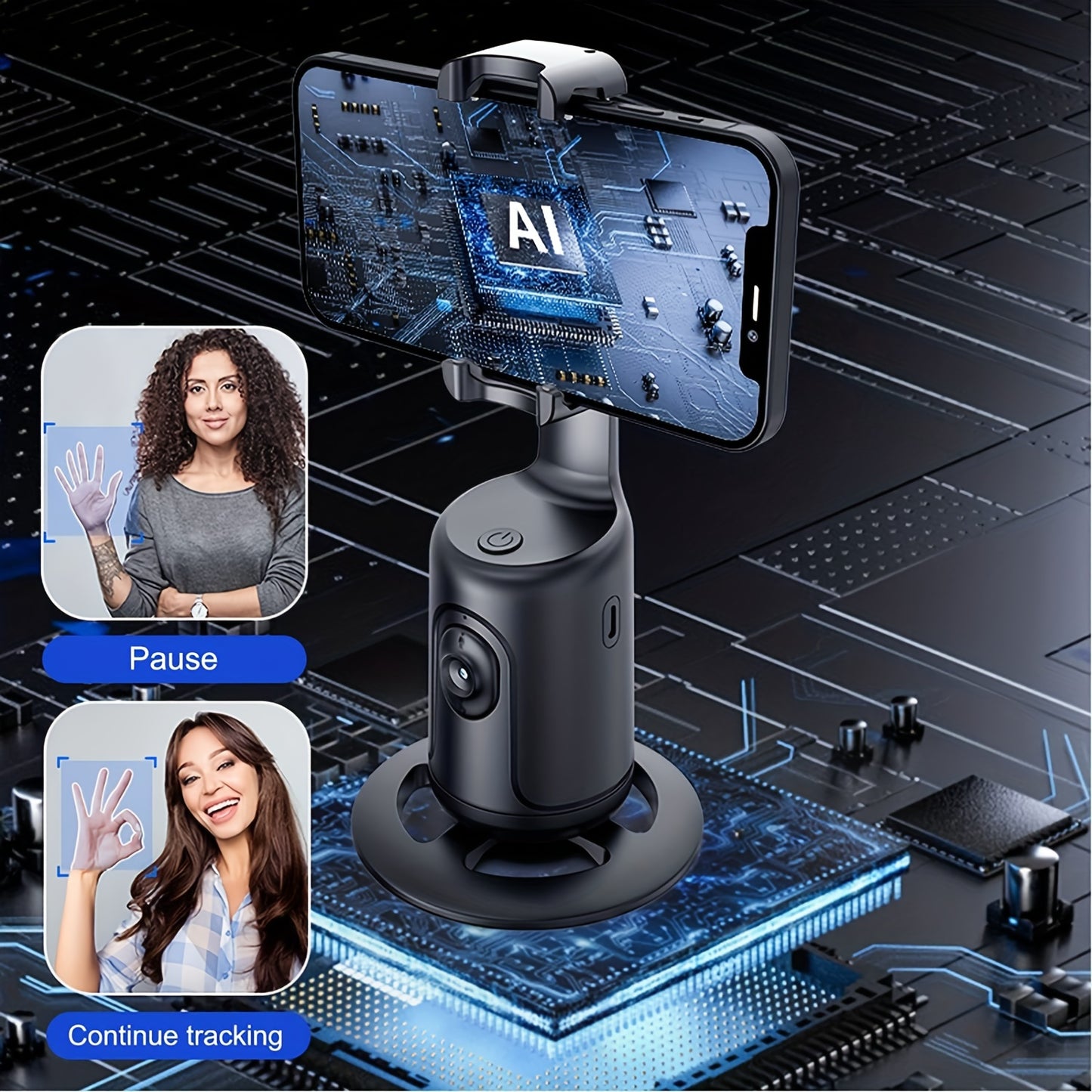 360° Auto-Tracking Smartphone Tripod - Hands-Free Face & Body Recognition - Wireless Rechargeable Holder for Live Streaming, Vlogging & Video Recording - Black