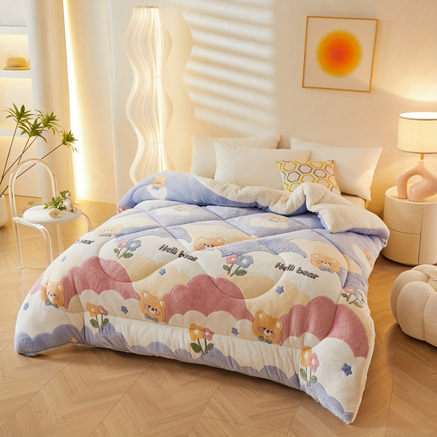 1pc Soft Warm Flower Fleece Printed Winter Polyester Comforter, Autumn And Winter Bedding Suitable For Bedroom, Guest Room