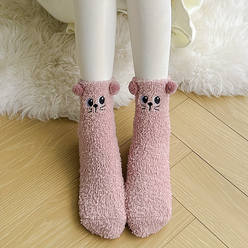 1 Pair Women'S Cute Non-Shedding Coral Fleece Warm Socks | Autumn-Winter Collection, Solid Color, Fabric