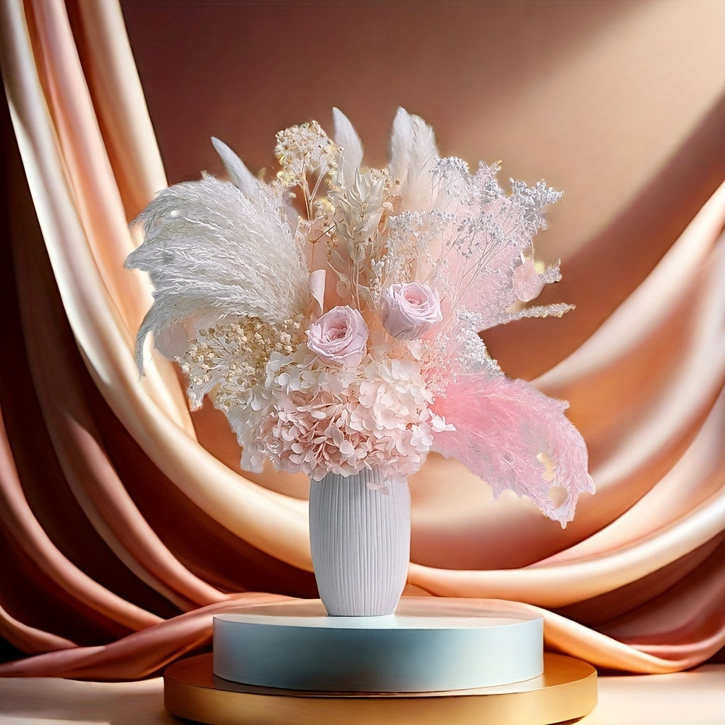 28pcs Bohemian Dried Flower Bouquet with White Feathers & Pink Roses - Ideal for DIY Home & Wedding Decor, Elegant Gift for Mother's Day, Valentine's, Thanksgiving & Christmas, Christmas Decor