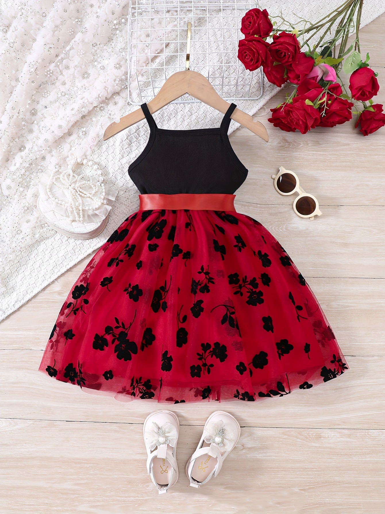Splicing Flower Graphic Cami Tutu Dress Girls Summer Clothes Party Gift