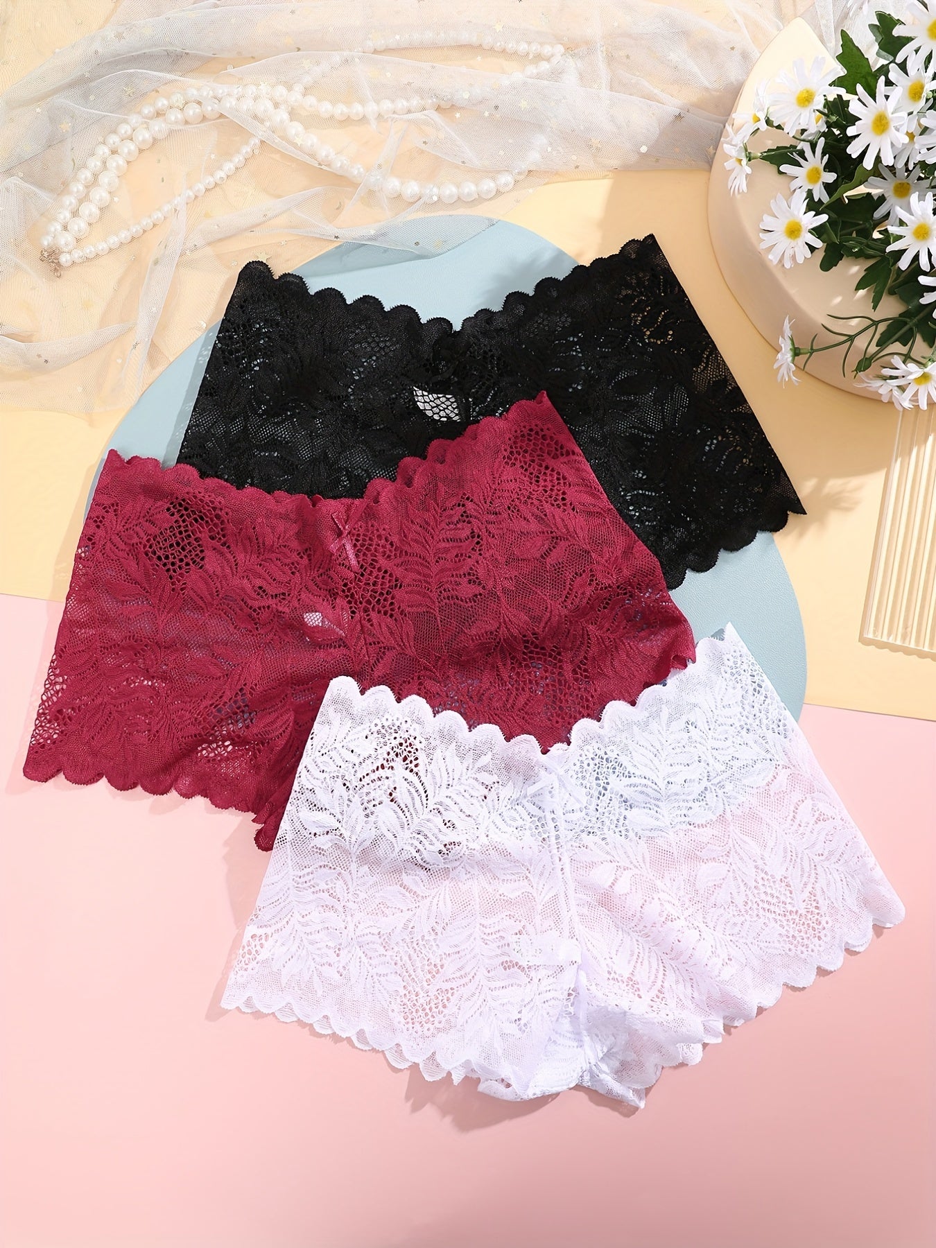 3pcs FINETOO Women's Sexy Low-Rise Lace Boyshort Panties - Breathable, Stretchy Nylon Blend with Floral Pattern, Scalloped Trim in Black, White, & Pinkish-Beige
