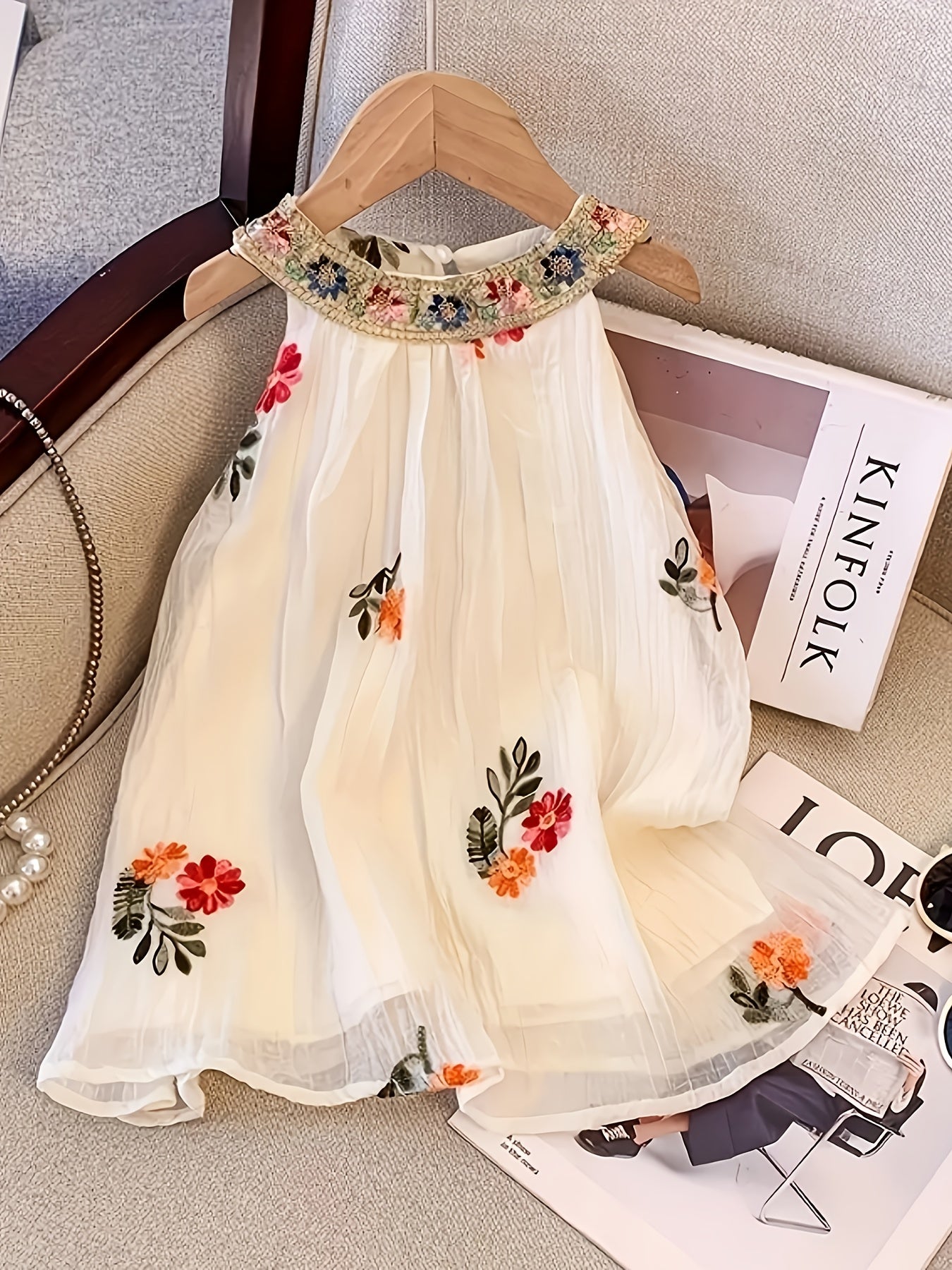 Summer New Bohemian Style Flower Embroidery Mesh Overlay Dress | Sleeveless, Non-Stretch Fabric, Flared Hem, Round Halter Neck, Ideal for Casual and Travel Vacation, Little Thin Princess Dress