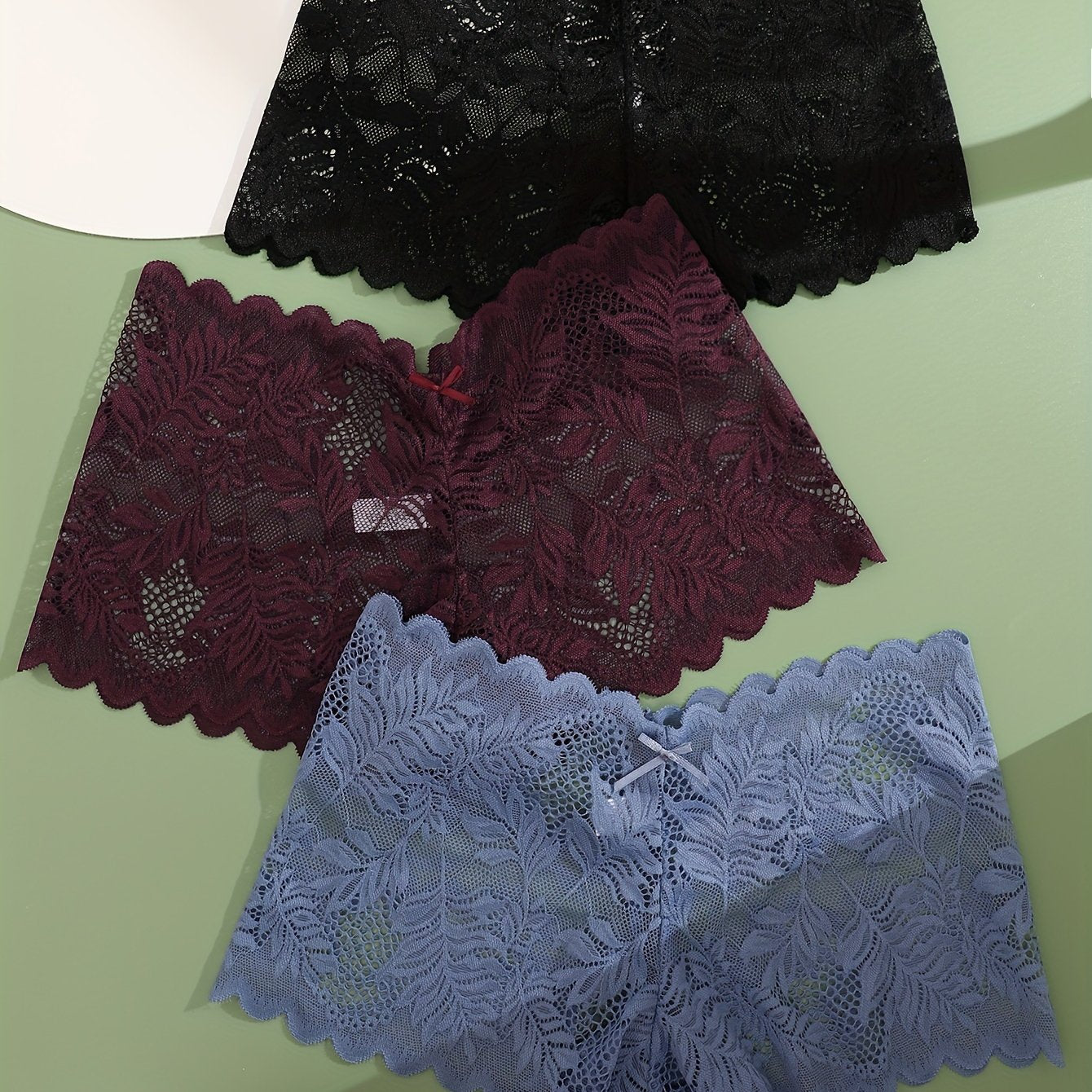 3pcs FINETOO Women's Sexy Low-Rise Lace Boyshort Panties - Breathable, Stretchy Nylon Blend with Floral Pattern, Scalloped Trim in Black, White, & Pinkish-Beige