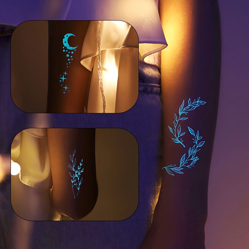 4 Sheets Glow-in-the-Dark Tattoo Stickers - Moon, Stars, Butterfly & Flower Designs for Women & Girls, Luminous Face & Body Art for Weddings, Nightclubs, Music Festivals & Parties, Gift for Eld, Gift for Ramadan