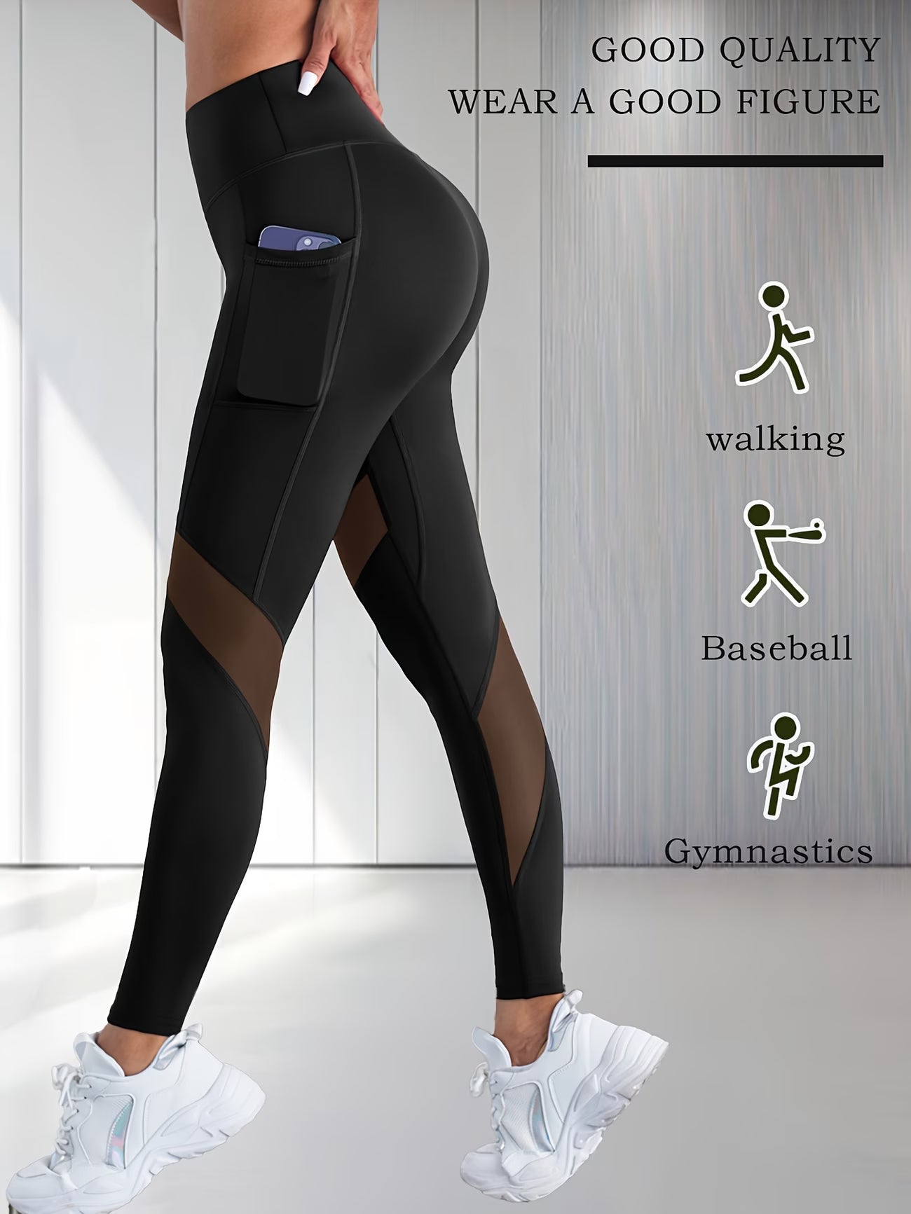 Black Mesh Stitching Design Side Pocket Solid Colour High Waist Breathable Tight Leggings